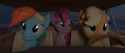 Size: 1260x540 | Tagged: dead source, safe, artist:arctic-pony, applejack, pinkie pie, rainbow dash, earth pony, pegasus, pony, g4, 3d, animated, blender, blender cycles, bridge, car, driving, female, gif, grin, headbob, mare, meme, night at the roxbury, open mouth, smiling, what is love