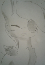 Size: 1536x2237 | Tagged: safe, artist:streambreeze, oc, oc only, oc:merc, pegasus, pony, blushing, drawing, fluffy, monochrome, one eye closed, smiling, solo, traditional art, wink