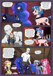 Size: 1355x1920 | Tagged: safe, artist:pencils, fluttershy, limestone pie, pinkie pie, princess luna, oc, oc:anon, oc:scribe inksy, alicorn, chicken, earth pony, human, pegasus, pony, comic:anon's pie adventure, g4, bracer, candle, choker, clerical robes, clothes, comic, crown, cute, derp, eye contact, eyes closed, female, frown, grin, gritted teeth, horseshoes, hug, human male, jewelry, looking at each other, lunar disciples, male, mare, necklace, open mouth, pants, pinkie thighs, raised hoof, regalia, scarf, shirt, sitting, smiling, speech bubble, stallion, thought bubble