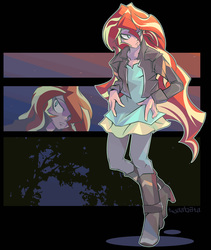 Size: 1600x1892 | Tagged: safe, artist:tyuubatu, sunset shimmer, equestria girls, g4, boots, clothes, female, human coloration, jacket, leather jacket, lidded eyes, silhouette, solo, tree