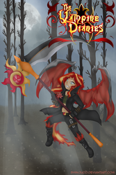 Size: 1200x1800 | Tagged: safe, artist:shinjuco, sunset shimmer, equestria girls, g4, badass, bat wings, belly button, boots, clothes, crossover, epic, midriff, pants, request, scenery, scythe, the vampire diaries