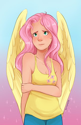 Size: 1500x2300 | Tagged: safe, artist:kodabomb, fluttershy, human, g4, breasts, cleavage, clothes, colored pupils, cute, female, humanized, pants, shyabetes, simple background, small breasts, smiling, solo, tank top, winged humanization, wings
