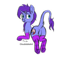 Size: 1600x1256 | Tagged: safe, artist:cloudsdaleart, oc, oc only, oc:seafood dinner, classical unicorn, pony, unicorn, clothes, cloven hooves, featureless crotch, horn, leonine tail, long tail, looking back, presenting, simple background, socks, solo, striped socks, underhoof, unshorn fetlocks, white background