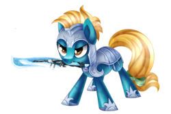 Size: 2691x1786 | Tagged: safe, artist:scarlet-spectrum, oc, oc only, oc:crescent flower, earth pony, pony, armor, mouth hold, simple background, solo, sword, transparent background, weapon