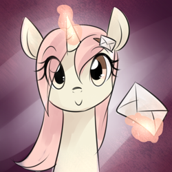 Size: 512x512 | Tagged: safe, artist:cosmalumi, oc, oc only, oc:marathon, pony, unicorn, ask-marathon, bust, letter, levitation, looking at you, magic, portrait, smiling, solo, telekinesis