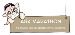 Size: 860x400 | Tagged: safe, artist:cosmalumi, oc, oc only, oc:marathon, ask-marathon, banner, cute, floppy ears, hat, letter, mailmare, mouth hold, ocbetes, sign, simple background, solo, transparent background