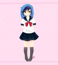 Size: 912x1024 | Tagged: safe, artist:rine266, oc, oc only, oc:cappie, human, clothes, cute, humanized, humanized oc, looking at you, moe, ocbetes, pleated skirt, schoolgirl, simple background, skirt, smiling, socks, solo, uniform