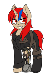 Size: 1000x1500 | Tagged: safe, artist:lovely pages, oc, oc only, oc:turbo lover, pony, unicorn, amputee, female, mad max, prosthetic limb, prosthetics, simple background, solo, stump, transparent background