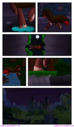 Size: 1024x1755 | Tagged: safe, artist:yogfan, oc, oc only, crocodile, pony, unicorn, comic:but i do now, castle of the royal pony sisters, cloak, clothes, comic, crossover, ganondorf, jumping, male, moon, night, ponyville, stallion, the legend of zelda