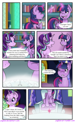 Size: 1024x1676 | Tagged: safe, artist:yogfan, starlight glimmer, twilight sparkle, alicorn, pony, comic:but i do now, g4, comic, cutie map, dialogue, duo, glowing, levitation, looking back, magic, open mouth, raised hoof, scroll, sitting, telekinesis, twilight sparkle (alicorn)