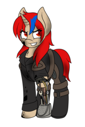 Size: 1000x1500 | Tagged: safe, artist:lovely pages, oc, oc only, oc:turbo lover, pony, unicorn, amputee, dirty, female, grease, mad max, oil, prosthetic limb, prosthetics, simple background, solo, stump, transparent background
