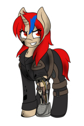 Size: 1000x1500 | Tagged: safe, artist:lovely pages, oc, oc only, oc:turbo lover, pony, unicorn, amputee, dirty, female, grease, mad max, oil, prosthetic limb, prosthetics, simple background, solo, stump (limb), transparent background