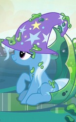 Size: 376x603 | Tagged: safe, screencap, trixie, pony, unicorn, g4, to where and back again, changeling slime, clothes, cropped, cute, diatrixes, female, hat, mare, sitting, smiling, solo, trixie's hat