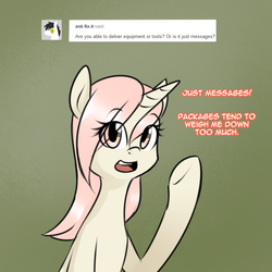 Size: 750x750 | Tagged: safe, artist:cosmalumi, oc, oc only, oc:marathon, pony, unicorn, ask-marathon, bust, dialogue, green background, looking at you, open mouth, raised hoof, simple background, smiling, solo, talking to viewer, underhoof