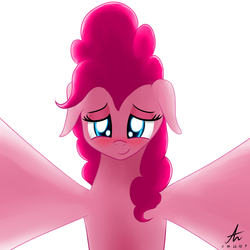 Size: 1280x1280 | Tagged: safe, artist:truffle shine, pinkie pie, g4, blushing, bronybait, cute, diapinkes, dream, female, floppy ears, lidded eyes, looking at you, love, on top, signature, simple background, smiling, solo, white background