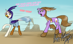 Size: 1250x750 | Tagged: safe, artist:cosmalumi, oc, oc only, oc:marathon, oc:summer eve, ask-marathon, best friends forever, canyon, clothes, costume, dialogue, duo, fake wings, looking back, looney tunes, marabetes, marathonrunner, nightmare night, nightmare night costume, open mouth, raised hoof, road runner, running, smiling, summerbetes, summercoyote, wile e coyote, you made the team
