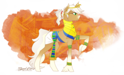 Size: 1024x624 | Tagged: safe, artist:basykail, oc, oc only, oc:sand curse, pony, unicorn, concave belly, egyptian, female, mare, raised hoof, slender, solo, thin, watermark