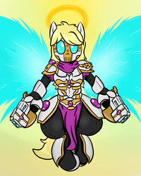 Size: 800x1000 | Tagged: safe, artist:happydeadpony, oc, oc only, oc:messa, angel, pony, angelic, armor, artificial wings, augmented, blonde, clothes, colored, female, fire halo, gun, halo, helmet, hips, holy, magic, magic wings, mare, mask, pose, scarf, solo, weapon, wings