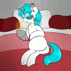 Size: 800x800 | Tagged: safe, artist:happydeadpony, oc, oc only, oc:mikky, cyborg, pony, unicorn, animated, bed, butt, camera, colored, cute, cyberghost, effect, error, female, gif, glitch, glowing, glowing eyes, lag, metal, mikky, on side, plot, projection, solo, white