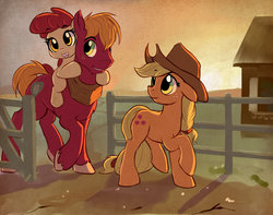 Size: 2951x2320 | Tagged: safe, artist:gsphere, apple bloom, applejack, big macintosh, earth pony, pony, g4, adorabloom, apple family, apple siblings, apple sisters, applejack's hat, blank flank, brother and sister, cottagecore, cowboy hat, cute, daaaaaaaaaaaw, family, featured image, female, fence, filly, floppy ears, freckles, hat, high res, horse collar, jackabetes, macabetes, male, mare, open mouth, ponies riding ponies, raised hoof, riding, scenery, siblings, sisters, stallion, stetson, sunset, trio, walking, wholesome