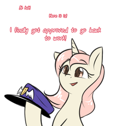 Size: 750x750 | Tagged: safe, artist:cosmalumi, oc, oc only, oc:marathon, pony, unicorn, ask-marathon, bust, dialogue, hat, hoof hold, looking at something, open mouth, simple background, smiling, solo, white background