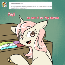 Size: 750x750 | Tagged: safe, artist:cosmalumi, oc, oc only, oc:marathon, pony, unicorn, ask-marathon, clothes, dialogue, drawer, dresser, floppy ears, green background, looking at you, open mouth, simple background, smiling, solo