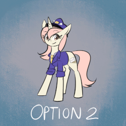 Size: 750x750 | Tagged: safe, artist:cosmalumi, oc, oc only, oc:marathon, pony, unicorn, animated, ask-marathon, blue background, clothes, gif, looking at you, mailmare, necktie, options, simple background, smiling, solo, uniform