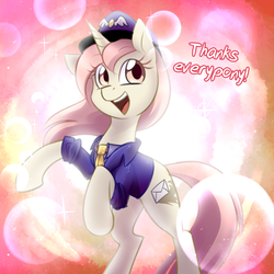 Size: 750x750 | Tagged: safe, artist:cosmalumi, oc, oc only, oc:marathon, pony, unicorn, abstract background, ask-marathon, bubble, clothes, dialogue, looking at you, mailmare, necktie, open mouth, rearing, smiling, solo, thanks, uniform
