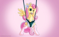 Size: 1280x800 | Tagged: safe, artist:biotic, fluttershy, g4, adult foal, baby bouncer, bow, clothes, diaper, female, non-baby in diaper, pacifier, socks, solo, super crinkle pony adventure 64