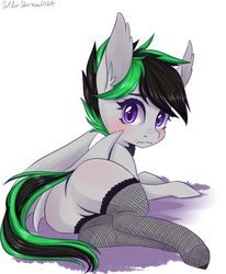 Size: 1400x1700 | Tagged: safe, artist:silbersternenlicht, oc, oc only, oc:night wing, bat pony, blushing, butt, clothes, fangs, featureless crotch, female, fishnet stockings, looking at you, looking back, looking back at you, lying, lying down, mare, plot, simple background, socks, solo, wavy mouth, white background