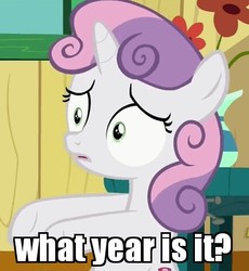 Size: 437x475 | Tagged: safe, edit, edited screencap, screencap, sweetie belle, g4, the fault in our cutie marks, confused, female, image macro, meme, reaction image, solo, time
