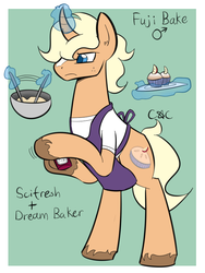 Size: 600x800 | Tagged: safe, artist:casualcolt, oc, oc only, oc:fuji bake, pony, unicorn, baker, chef, curved horn, horn, magic, male, shipping, solo, stallion