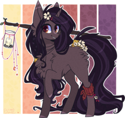 Size: 1230x1162 | Tagged: safe, artist:tay-niko-yanuciq, oc, oc only, oc:night summer, pony, unicorn, candle, chest fluff, female, flower, fluffy, jar, lantern, mare, raised hoof, solo, staff