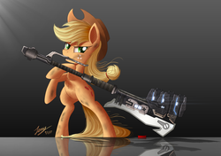 Size: 2200x1547 | Tagged: safe, artist:duskie-06, applejack, g4, cowboy hat, crossover, female, freckles, gradient background, gravity hammer, halo (series), hat, mouth hold, rearing, reflection, signature, solo, weapon