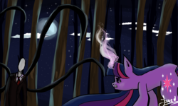 Size: 3907x2344 | Tagged: safe, artist:angelpony99, twilight sparkle, g4, crossover, fight, forest, full moon, high res, magic, moon, night, slenderman, starry sky