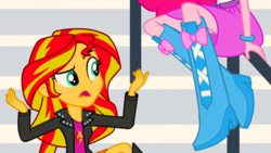 Size: 657x370 | Tagged: safe, screencap, pinkie pie, sunset shimmer, equestria girls, g4, my little pony equestria girls: rainbow rocks, boots, bracelet, clothes, cropped, high heel boots, jewelry, legs, pictures of legs, skirt