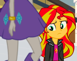 Size: 910x720 | Tagged: safe, screencap, rarity, sunset shimmer, equestria girls, g4, my little pony equestria girls: rainbow rocks, clothes, cropped, cutie mark, jacket, jewelry, leather jacket, legs, raised leg, sad, skirt