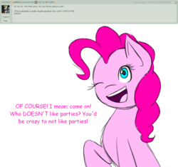 Size: 1024x958 | Tagged: safe, artist:yogfan, pinkie pie, g4, ask, deviantart, female, one eye closed, raised hoof, simple background, solo, transparent background, wink