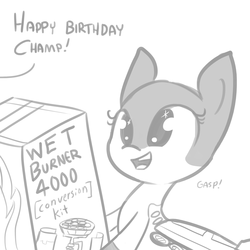 Size: 1280x1280 | Tagged: safe, artist:tjpones, oc, oc only, original species, plane pony, pony, birthday, cute, dialogue, gasp, grayscale, hoof hold, liquid rocket engine, monochrome, offscreen character, open mouth, plane, simple background, smiling, solo, starry eyes, white background, wingding eyes