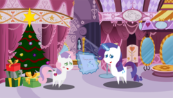 Size: 6666x3747 | Tagged: safe, artist:steampunk-brony, rarity, sweetie belle, g4, absurd resolution, blushing, carousel boutique, christmas tree, cutie mark, magic, pointy ponies, present, the cmc's cutie marks, tree