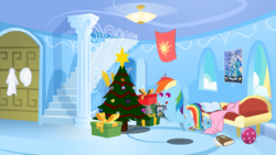 Size: 6666x3747 | Tagged: safe, artist:steampunk-brony, daring do, rainbow dash, g4, absurd resolution, ball, book, christmas tree, female, pointy ponies, present, rainbow dash's house, solo, tree, wonderbolts poster