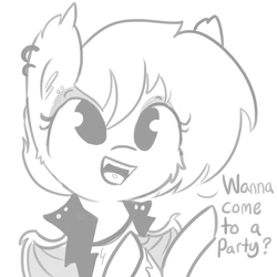 Size: 1280x1280 | Tagged: safe, artist:tjpones, oc, oc only, oc:super rad bat gal, bat pony, pony, clothes, dialogue, ear fluff, ear piercing, earring, fangs, grayscale, jacket, jewelry, leather jacket, monochrome, open mouth, piercing, simple background, smiling, solo, spread wings, tongue piercing, white background