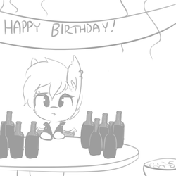 Size: 1280x1280 | Tagged: safe, artist:tjpones, oc, oc only, oc:super rad bat gal, bat pony, pony, birthday, birthday party, bottle, clothes, ear fluff, ear piercing, earring, fangs, grayscale, jacket, jewelry, leather jacket, looking at you, monochrome, mood whiplash, party, piercing, sad, simple background, solo, spread wings, white background