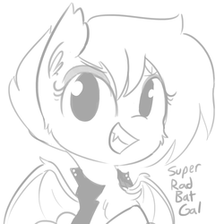 Size: 1280x1280 | Tagged: safe, artist:tjpones, oc, oc only, oc:super rad bat gal, bat pony, pony, cheek fluff, chest fluff, clothes, ear fluff, fangs, grayscale, grin, jacket, leather jacket, looking at you, monochrome, simple background, smiling, solo, spread wings, white background