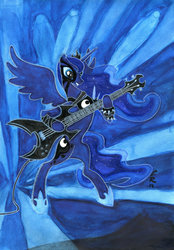 Size: 1280x1843 | Tagged: safe, artist:crystalightx, princess luna, pony, g4, bass guitar, bipedal, corpse paint, crossover, female, guitar, heavy metal, mixed media, musical instrument, solo, spiked wristband, traditional art, wristband