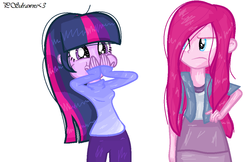 Size: 1112x720 | Tagged: safe, artist:purpleshine126, pinkie pie, twilight sparkle, equestria girls, g4, base used, beautiful, clothes, personality swap, pinkamena diane pie, puffy cheeks, simple background, white background