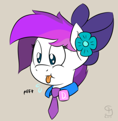 Size: 850x875 | Tagged: safe, artist:glimglam, oc, oc only, oc:lavanda, pony, pony town, :p, :t, badge, bow, bust, flower, flower in hair, hair bow, necktie, onomatopoeia, puffy cheeks, raspberry, raspberry noise, simple background, solo, tongue out, wide eyes