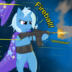 Size: 1772x1772 | Tagged: safe, artist:mr.candy_owo, trixie, pony, g4, bipedal, clothes, dialogue, female, gun, hat, magic, ponies with guns, simple background, solo, trixie's cape, trixie's hat, weapon