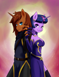 Size: 2600x3400 | Tagged: safe, artist:skecchiart, twilight sparkle, oc, oc:courageous heart, unicorn, anthro, g4, breasts, canon x oc, cleavage, clothes, dress, ear piercing, earring, female, gradient background, high res, holding hands, jewelry, looking at you, piercing, request, shipping, smiling, twileous