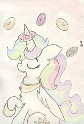 Size: 692x1019 | Tagged: safe, artist:slightlyshade, princess celestia, pony, g4, chest fluff, donut, eyes closed, female, food, horn, horn grab, open mouth, raised hoof, sillestia, silly, silly pony, simple background, sitting, solo, the uses of unicorn horns, traditional art
